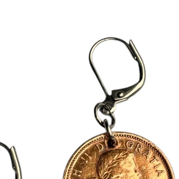 Canadian Penny Pierced Dangling Earrings Repro of 1956 Copper Currency - Picture 4 of 5